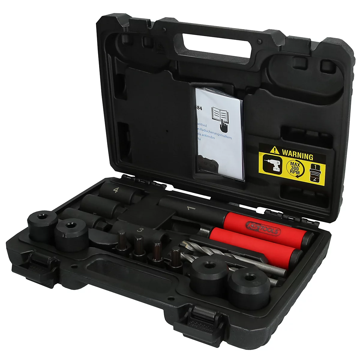 Schwarzer Werkzeugkoffer mit Werkzeugen. Rote Griffe und ein Warnhinweis.